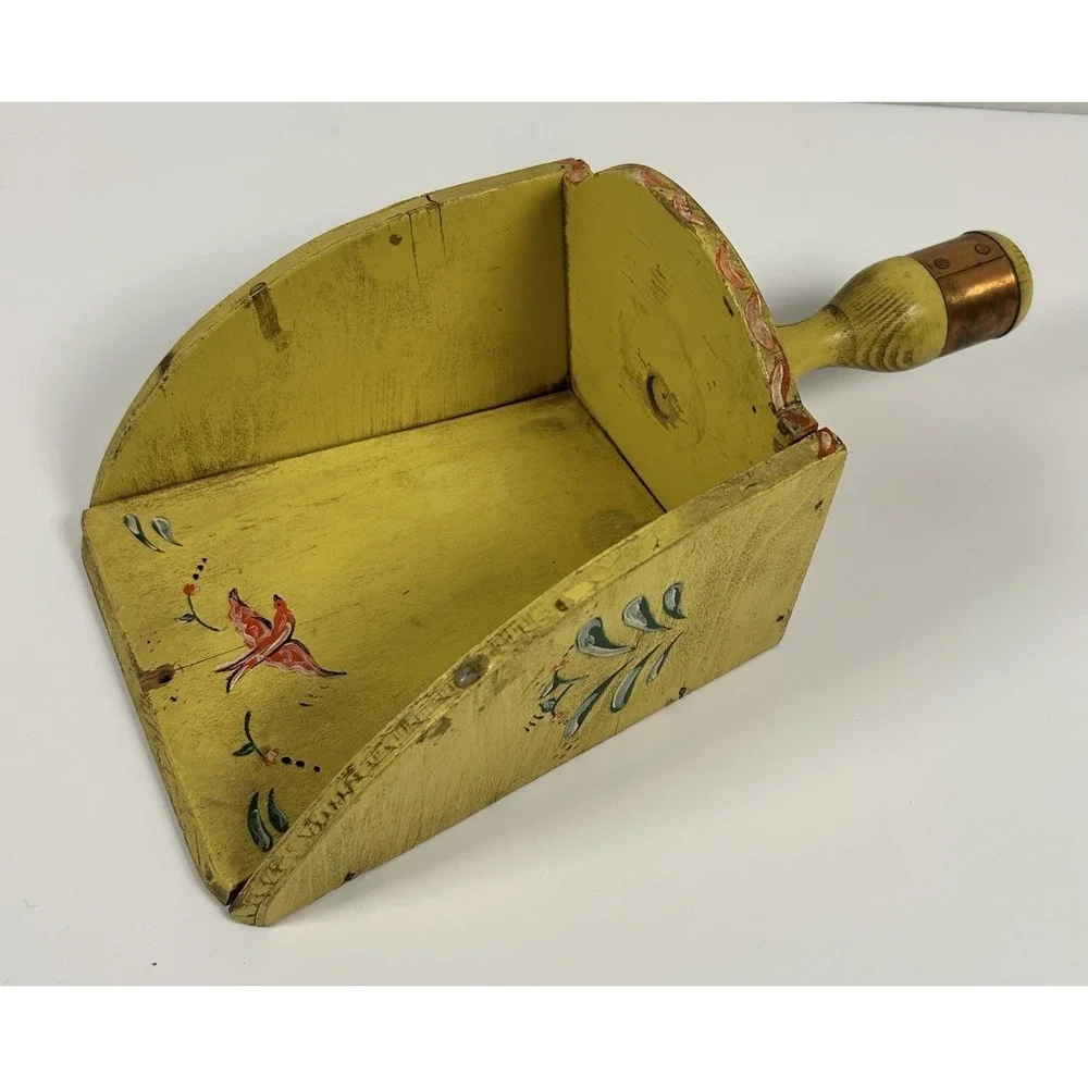 Folk Art Painted Wooden Grain Scoop Wall Decor Shelf Yellow Bird Antique
